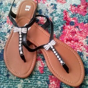 Black Patent Leather Rhinestone Thong Sandals